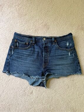 Levi's 501 Dark Blue Distressed Denim Cutoff Shorts